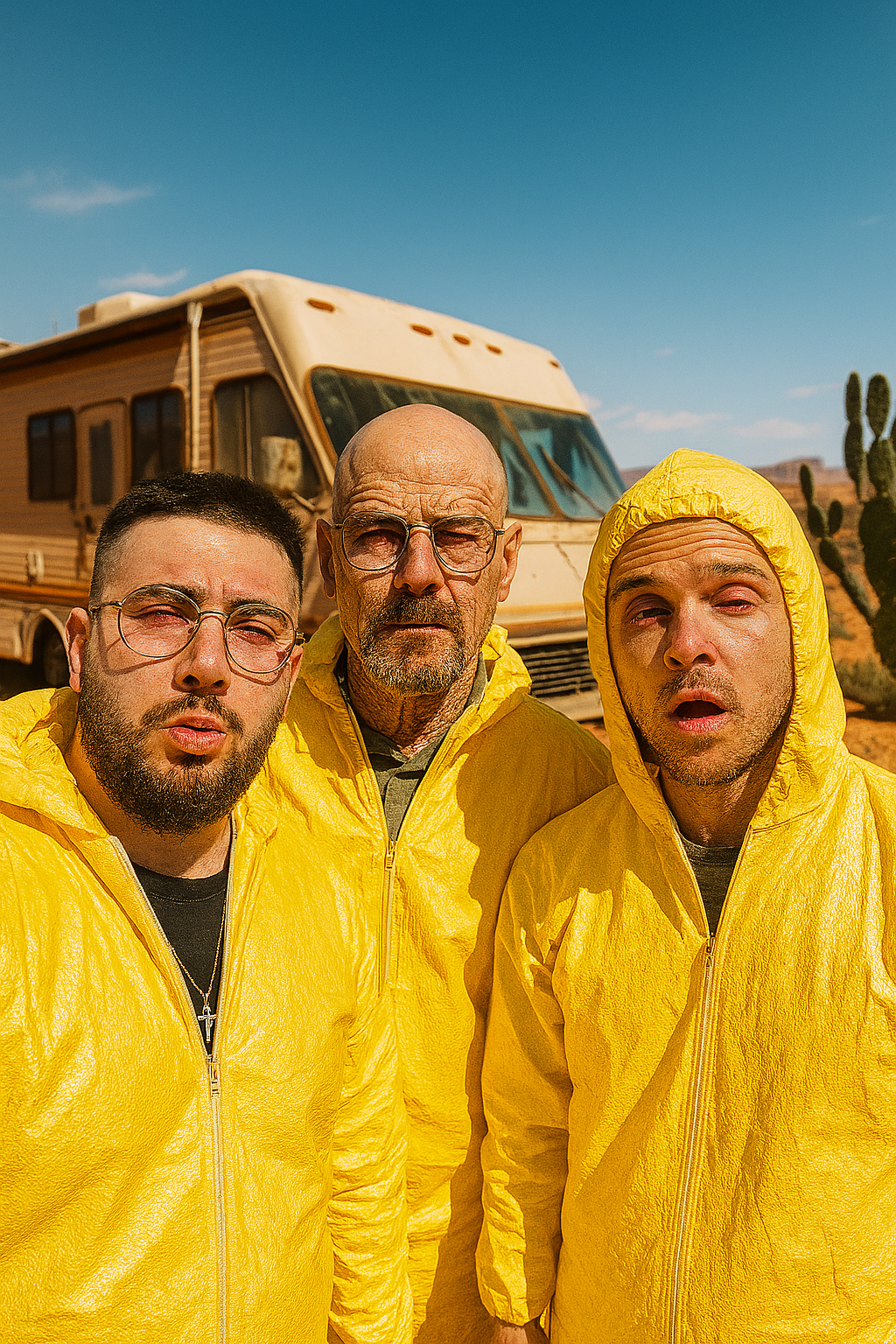 Homens no deserto em trajes químicos