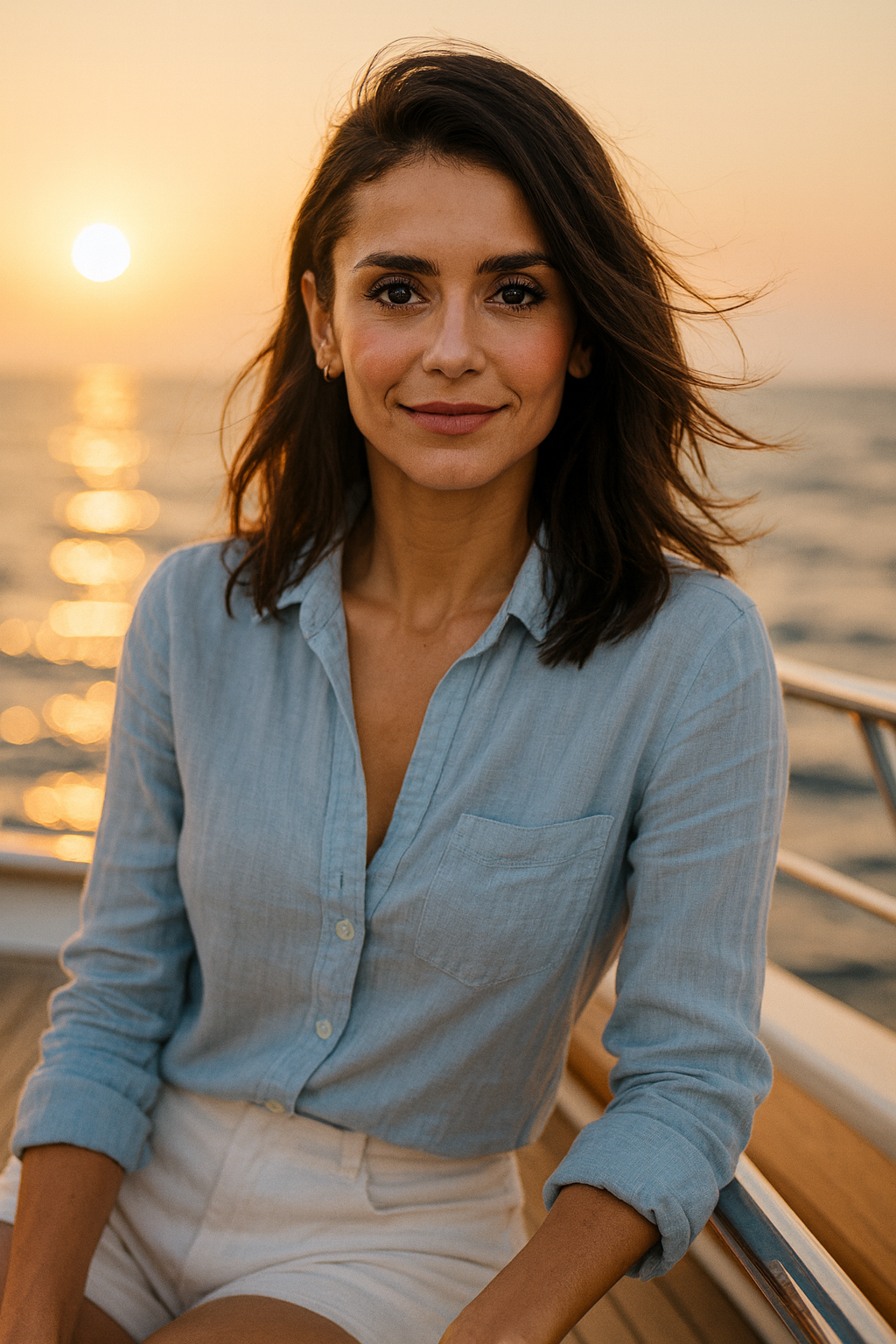 Mulher ao pôr do sol no iate