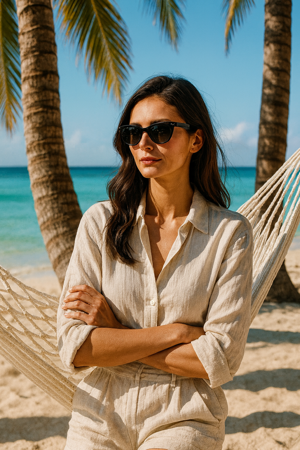 Mulher relaxando na rede tropical